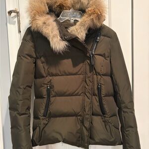 Mackage Adi Short Down Coat in Army Green with Fur Trim